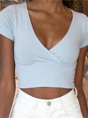Brandy Melville Light Blue Cropped Wrap V-Neck Top